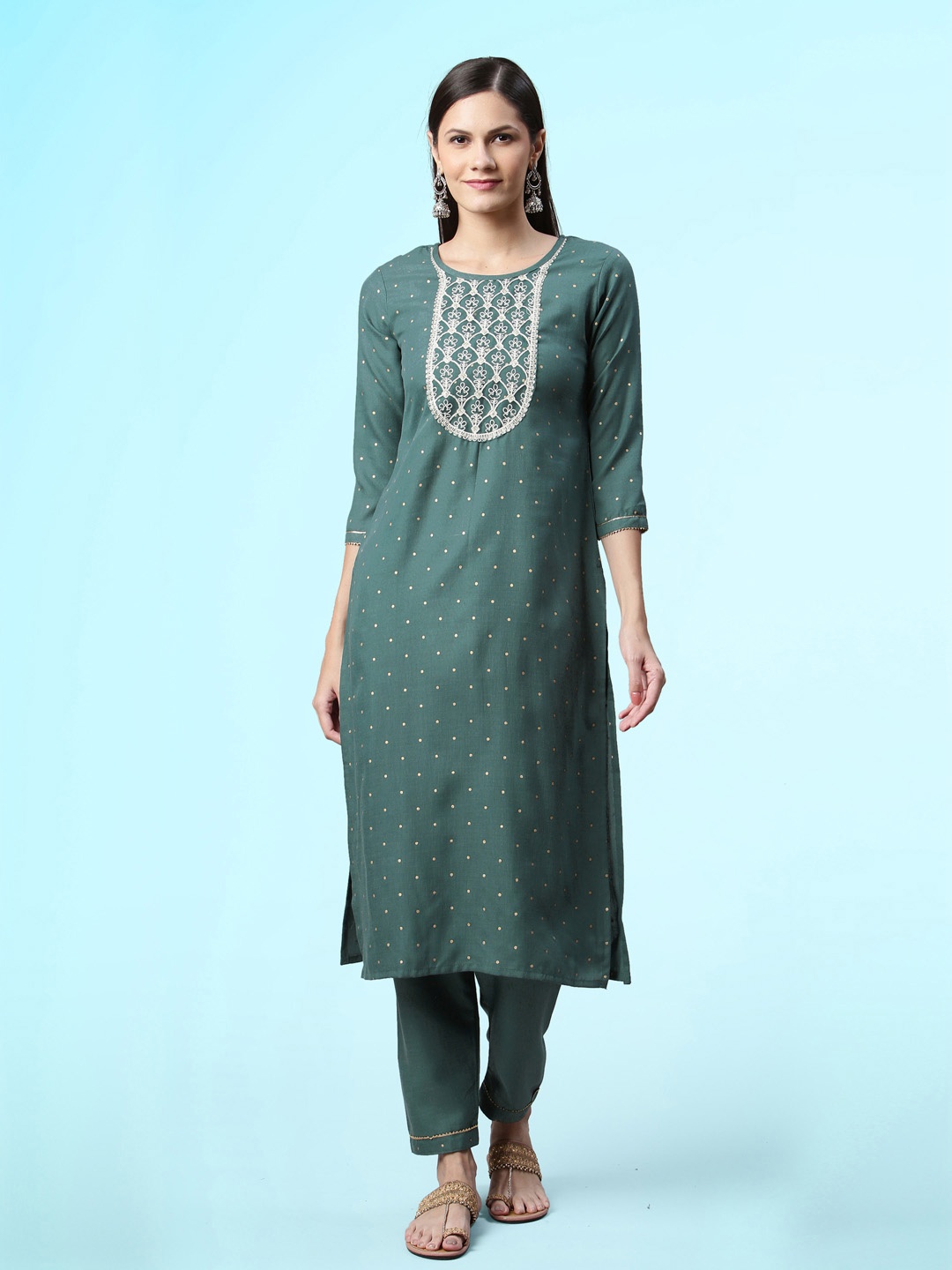 

Sangria Geometric Printed Thread Work Straight Kurta with Trousers, Green