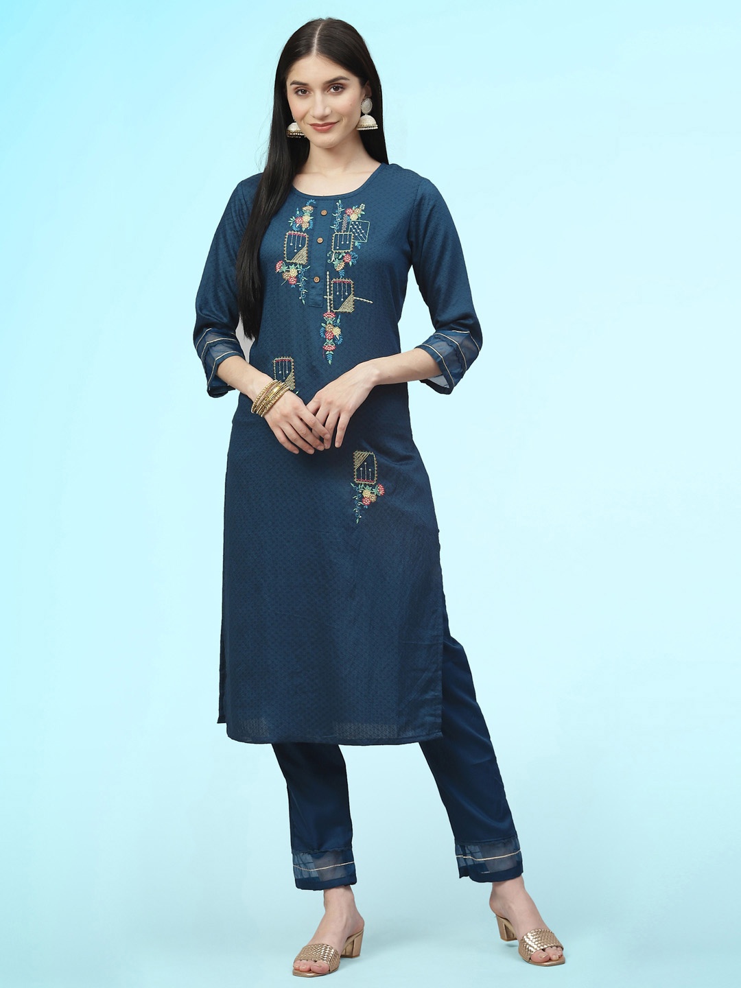 

Sangria Woven Design Thread Work Detail Straight Kurta With Trouser, Teal
