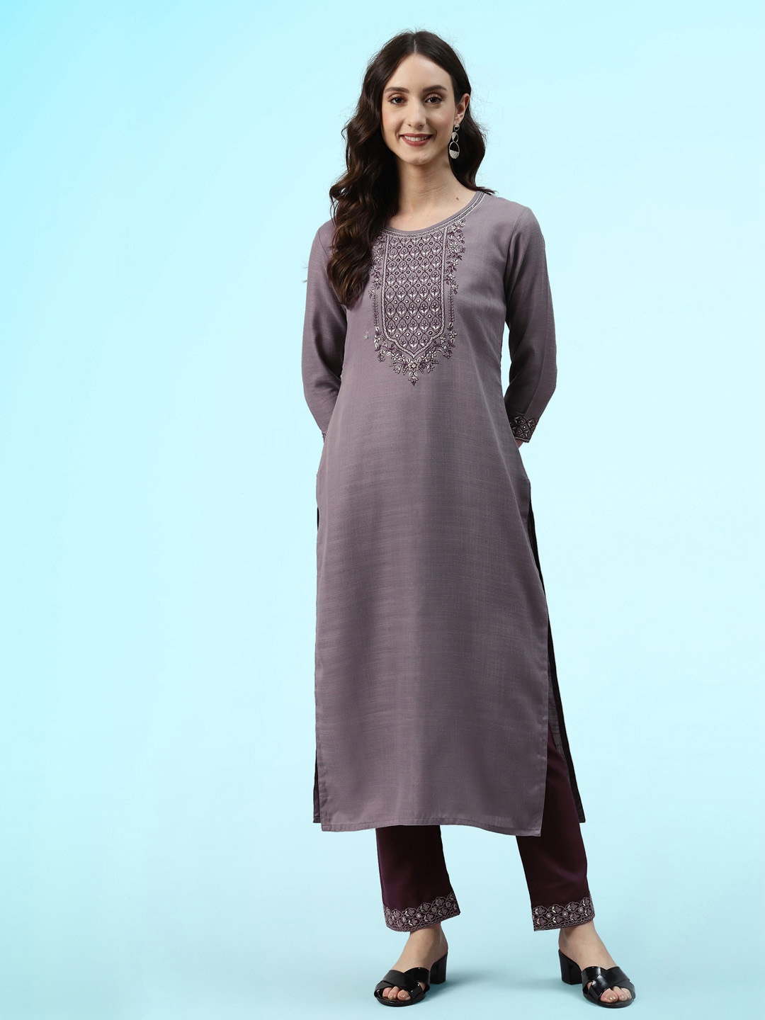 

Sangria Purple Embroidered Mirror Work Detail Cotton Straight Kurta With Trouser Set