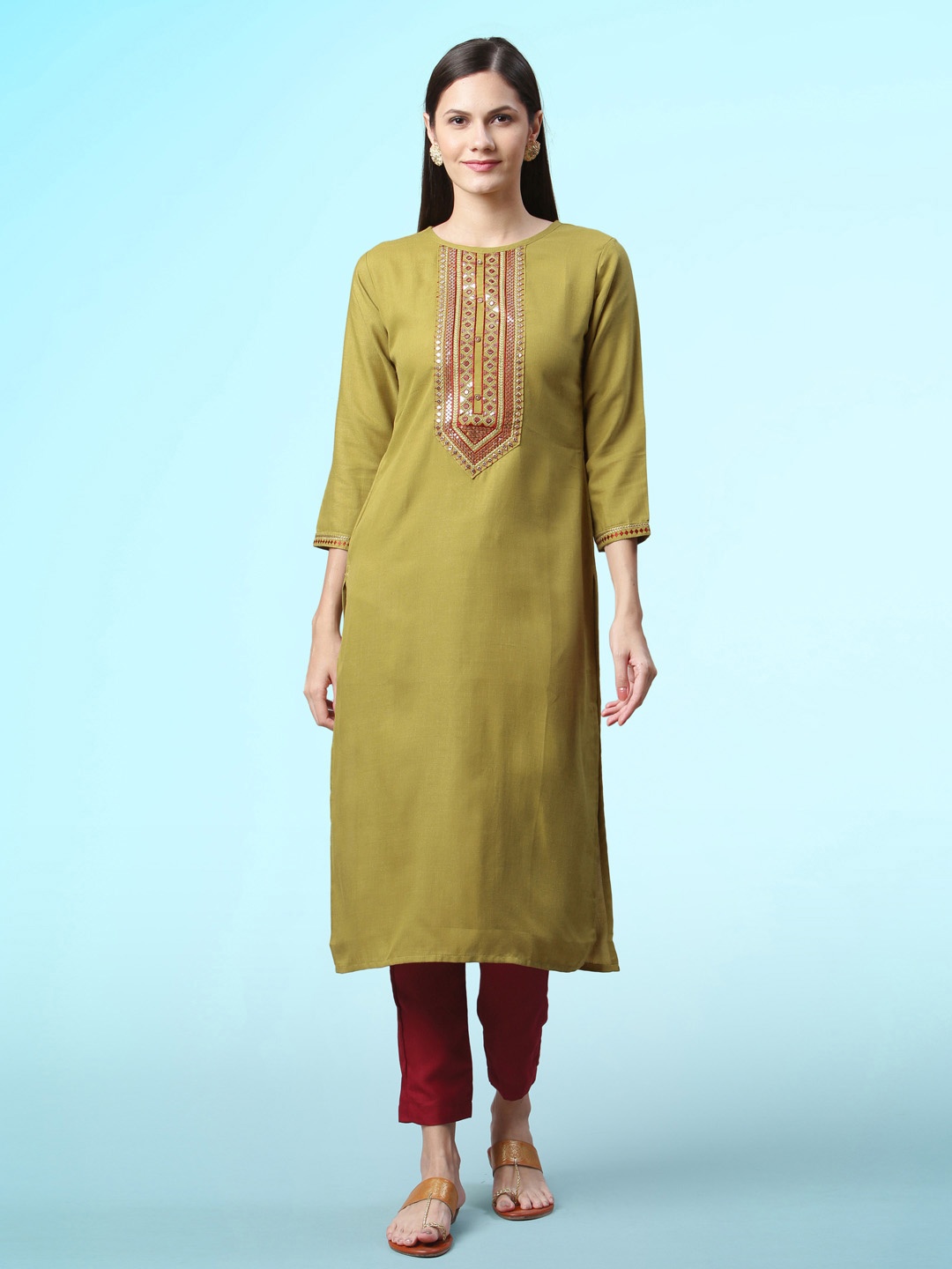 

Sangria Olive Green Yoke Design Thread Work Straight Kurta & Trousers