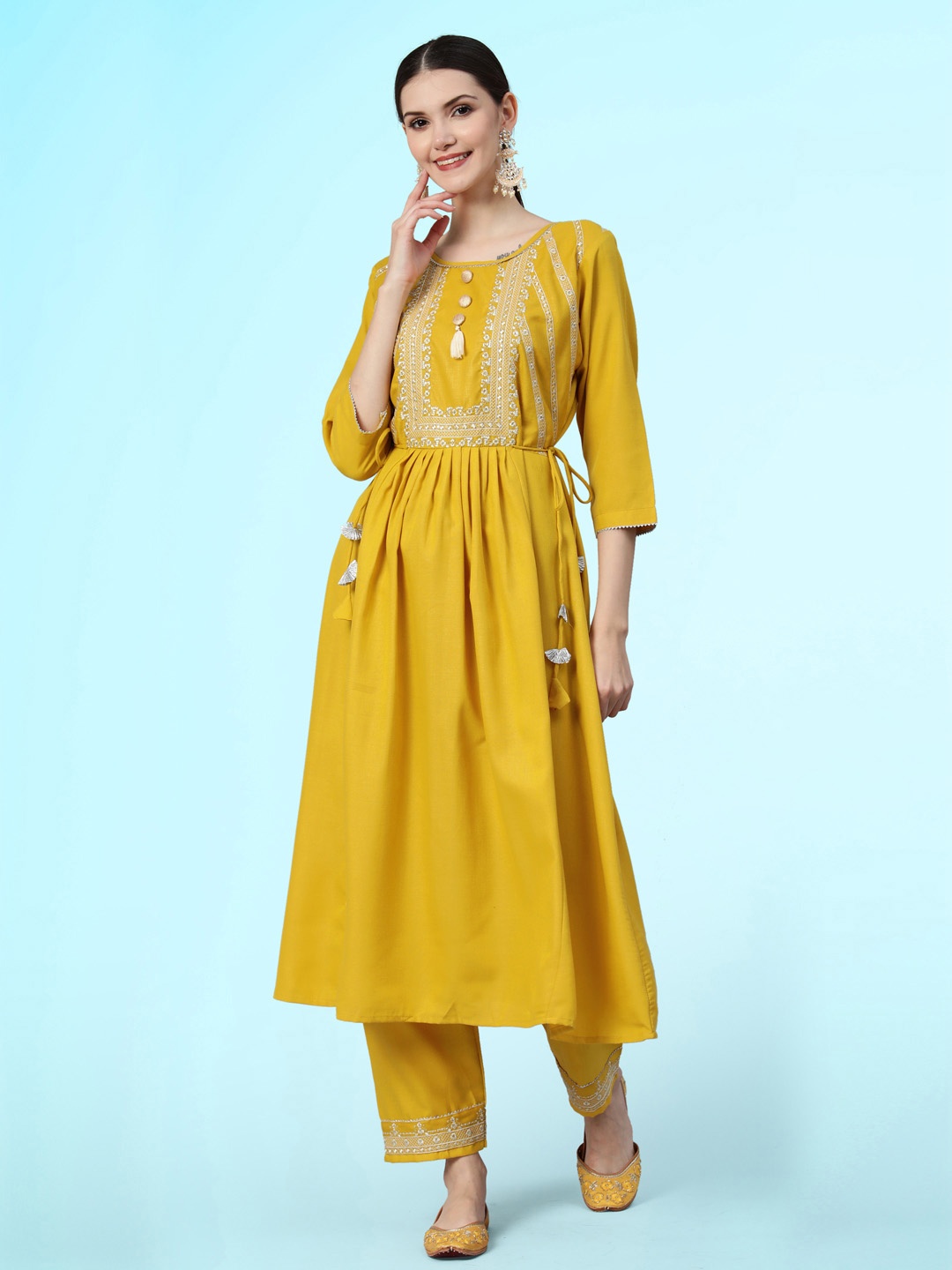 

Sangria Floral Yoke Design Thread Work A-Line Kurta with Trousers, Mustard