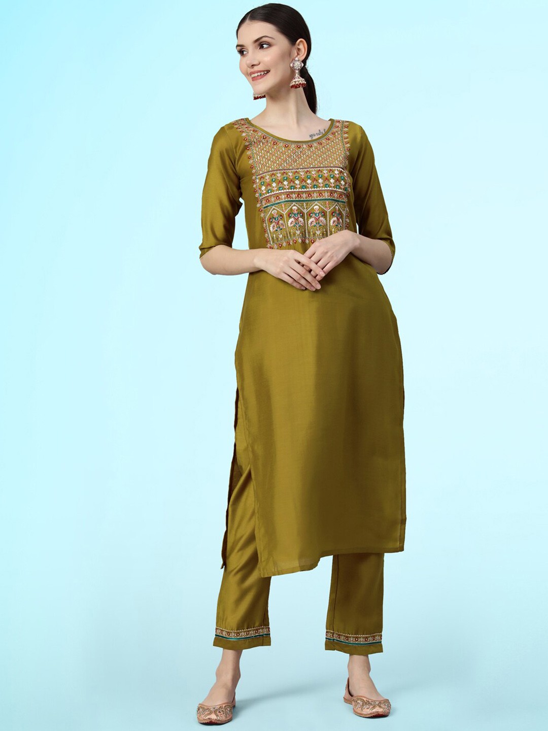 

Sangria Embroidered Sequinned Straight Kurta & Trousers, Mustard