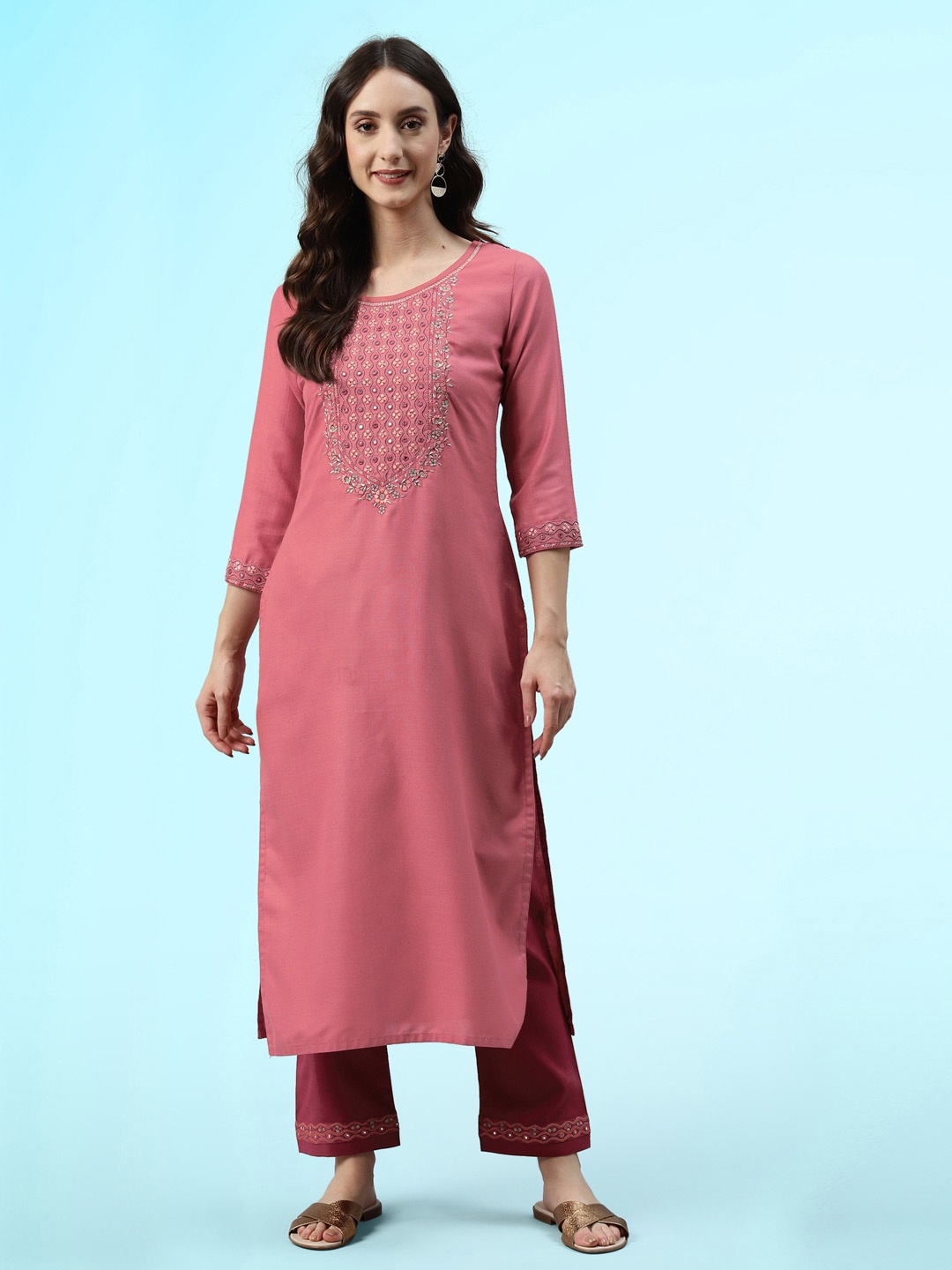 

Sangria Orange Embroidered Cotton Straight Kurta With Trouser Set