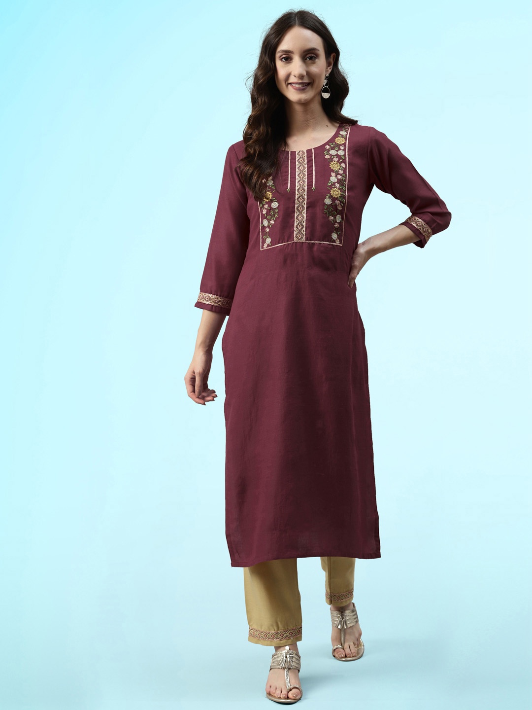 

Sangria Maroon Floral Yoke Design Straight Kurta & Trousers