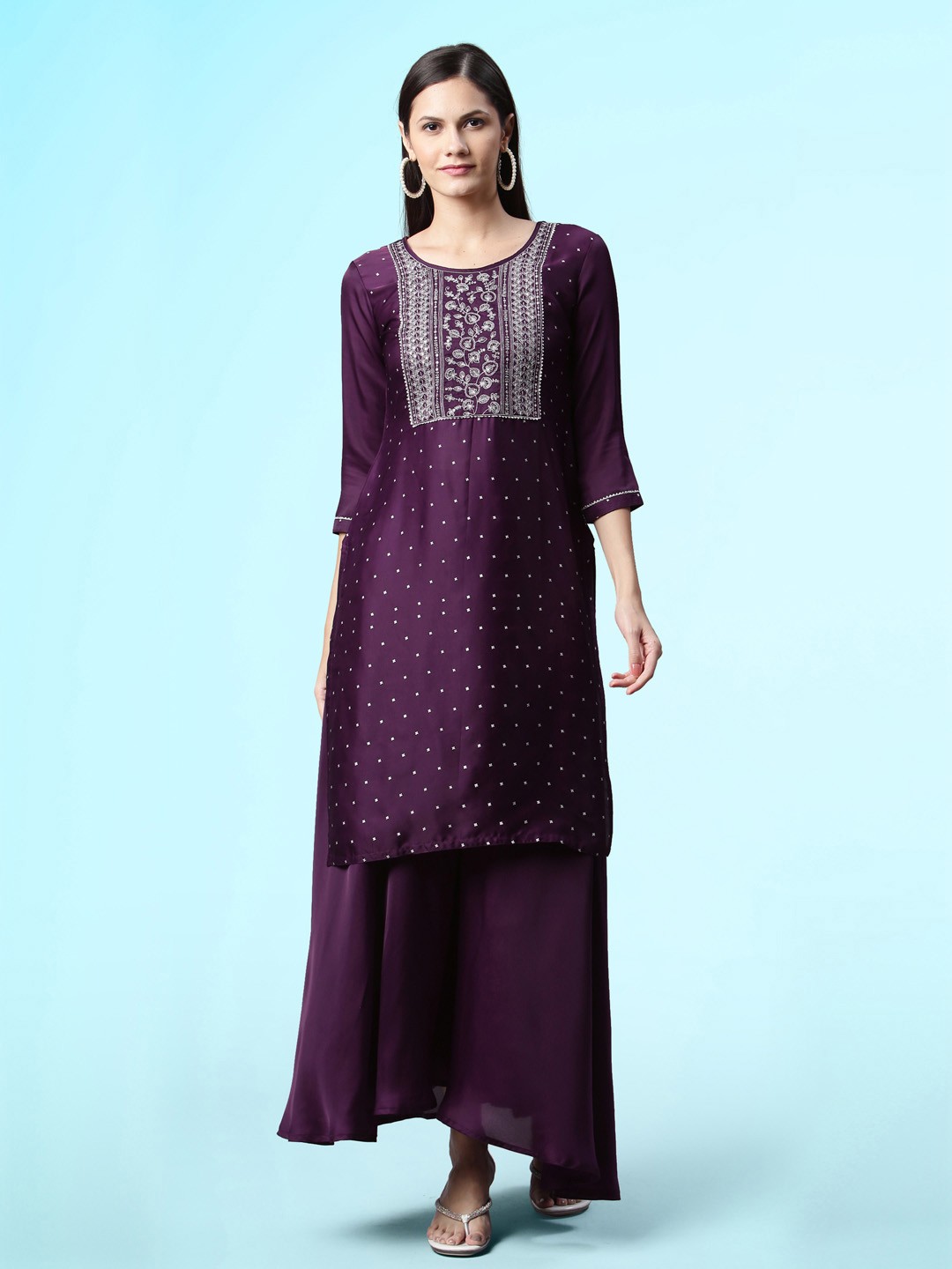 

Sangria Purple Floral Printed Satin Straight Kurta With Palazzo