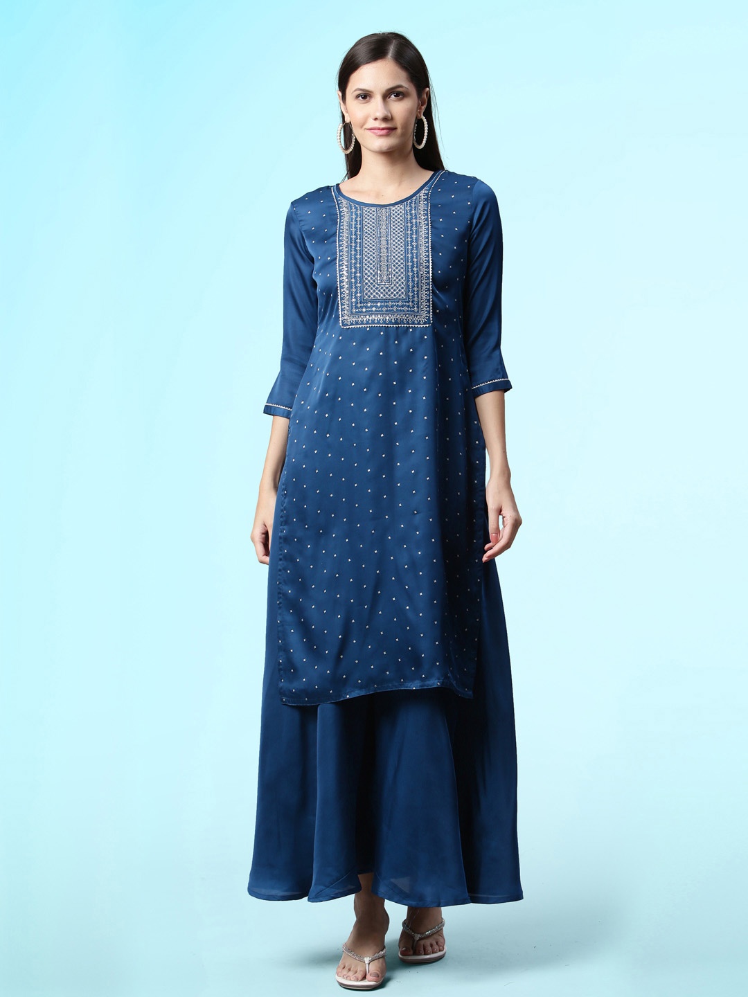 

Sangria Embroidered Thread Work Straight Kurta With Palazzos, Navy blue