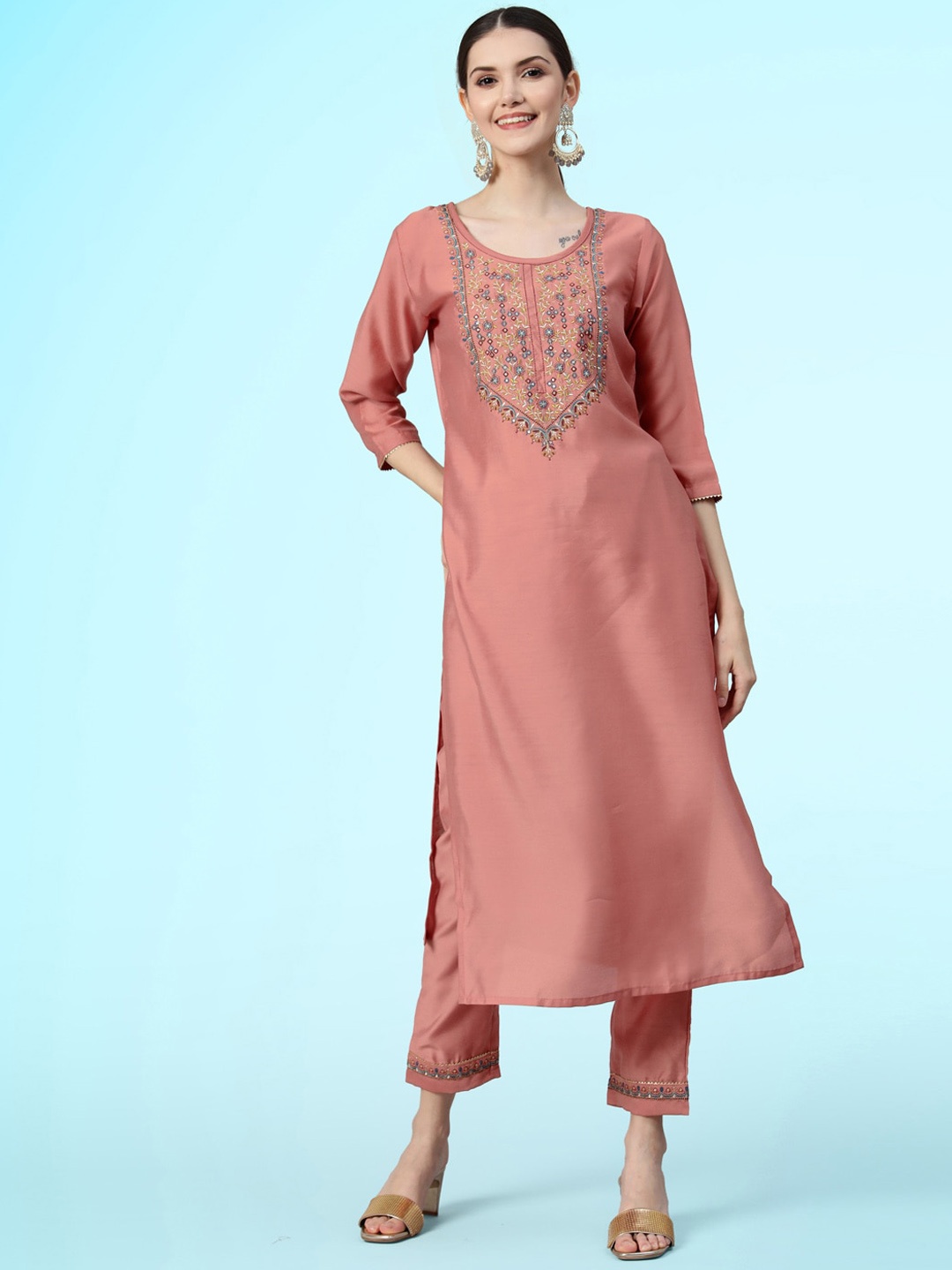 

Sangria Ethnic Motifs Yoke Design Thread Work Straight Kurta With Trouser, Peach