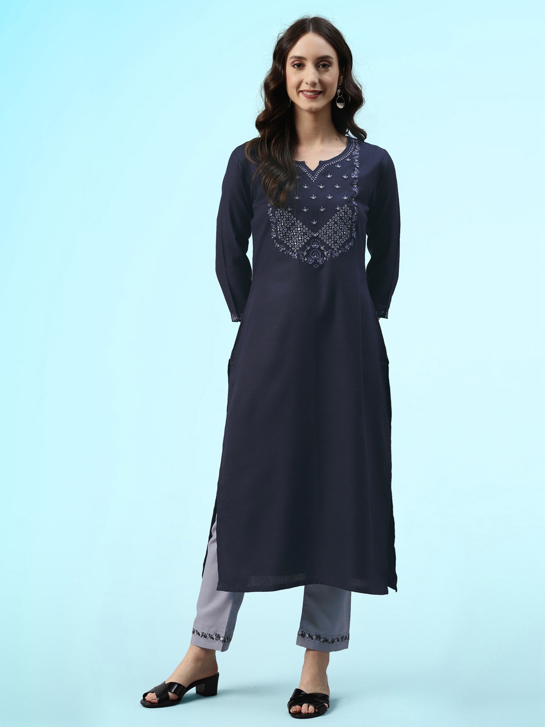 Sangria Embroidered Mirror Work Straight Kurta With Trousers, Navy blue
