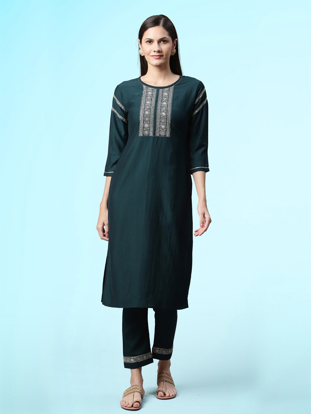 

Sangria Yoke Design Embroidered Straight Kurta With Trousers, Teal