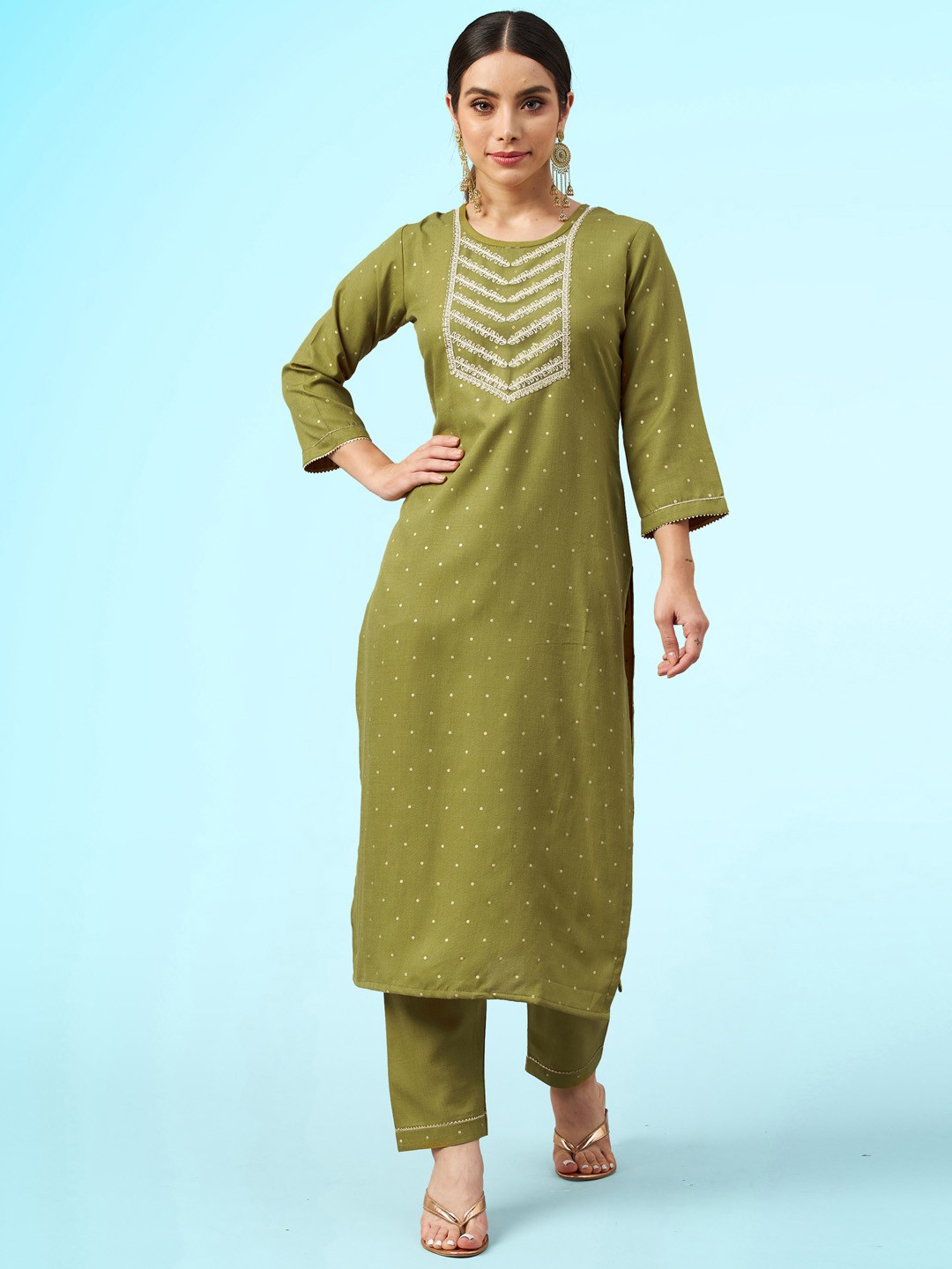 

Sangria Olive Green Geometric Printed Thread Work Straight Kurta With Trousers