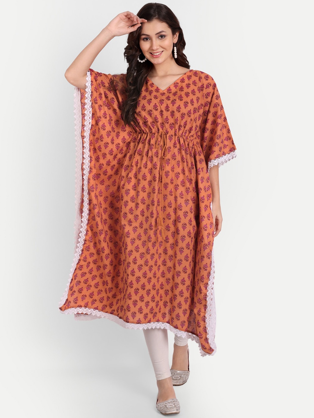 

TREND ME Floral Printed V-Neck Flared Sleeves Kaftan Kurta, Maroon