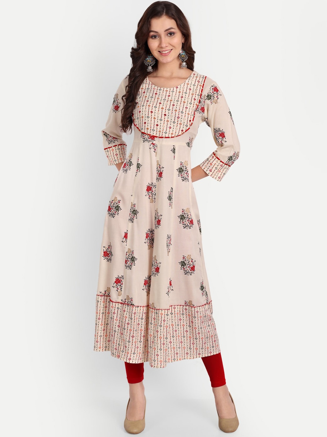 

TREND ME Ethnic Motifs Printed Anarkali Kurta, Cream