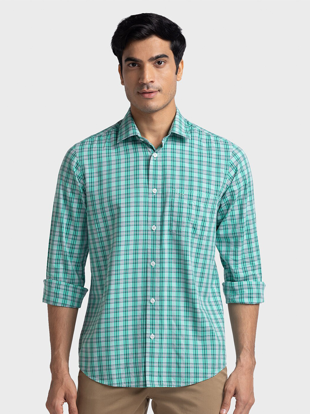

ColorPlus Tailored Fit Tartan Checks Cotton Casual Shirt, Green