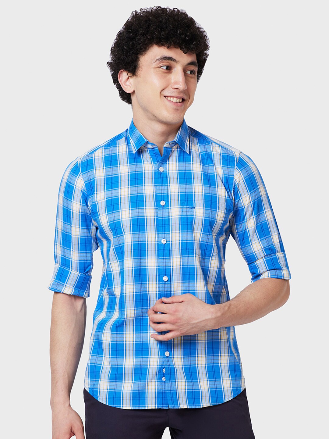 

ColorPlus Tailored Fit Tartan Checked Cotton Formal Shirt, Blue