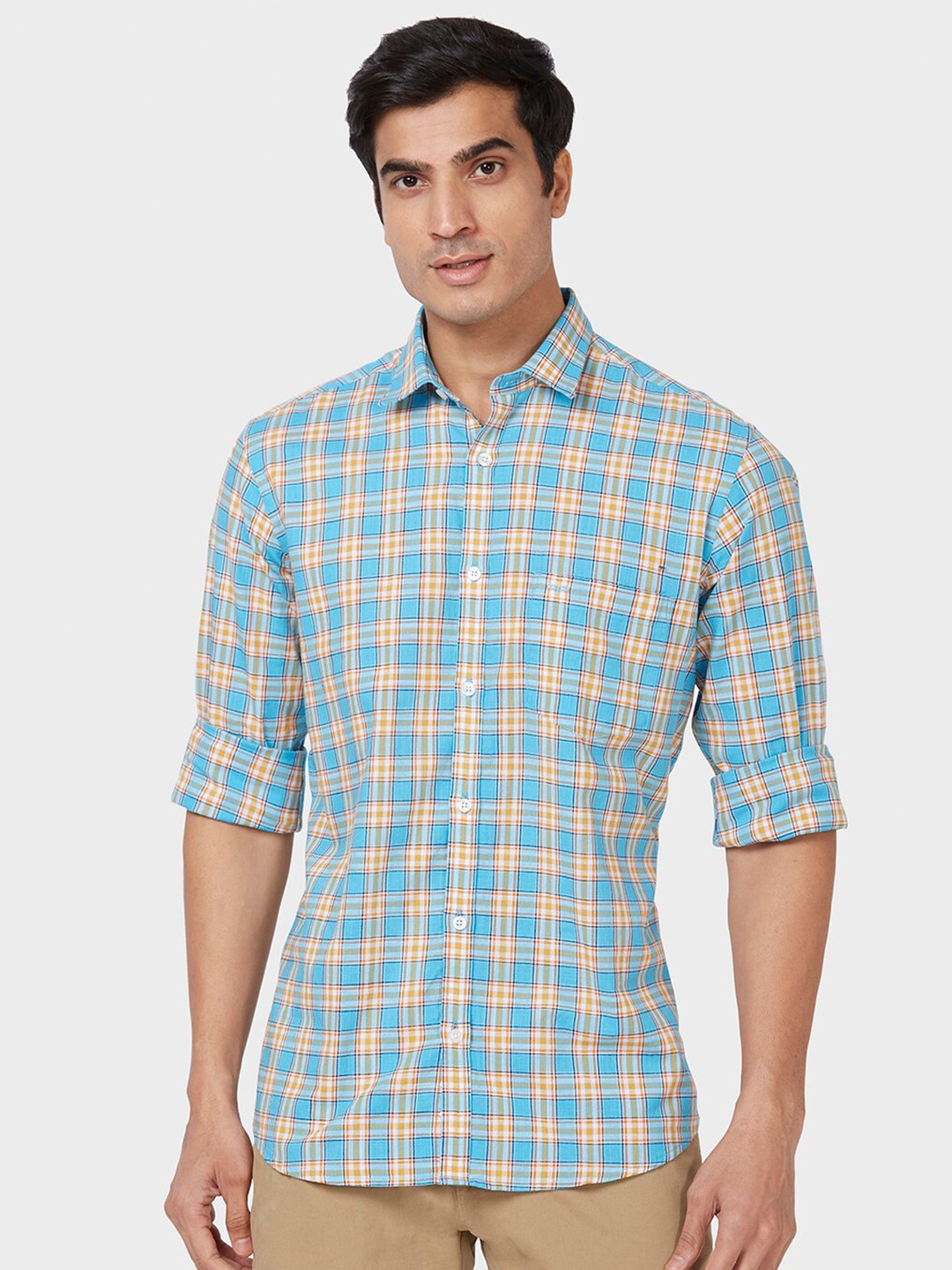 

ColorPlus Tailored Fit Grid Tattersall Checked Cotton Casual Shirt, Blue