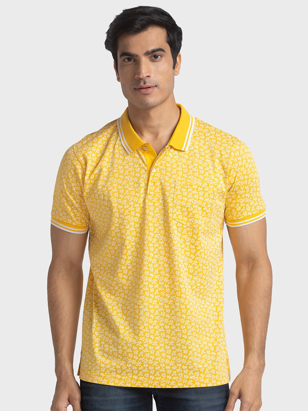

ColorPlus Floral Printed Polo Collar Regular Fit Cotton Casual T-shirt, Yellow