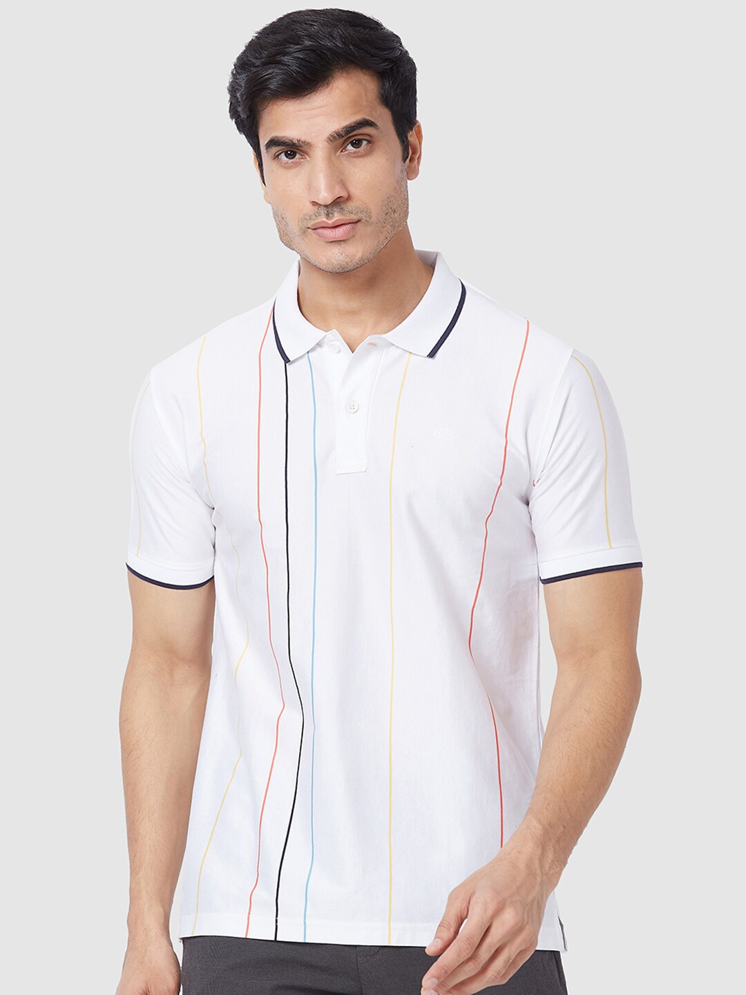 

ColorPlus Striped Polo Collar Cotton T-shirt, White
