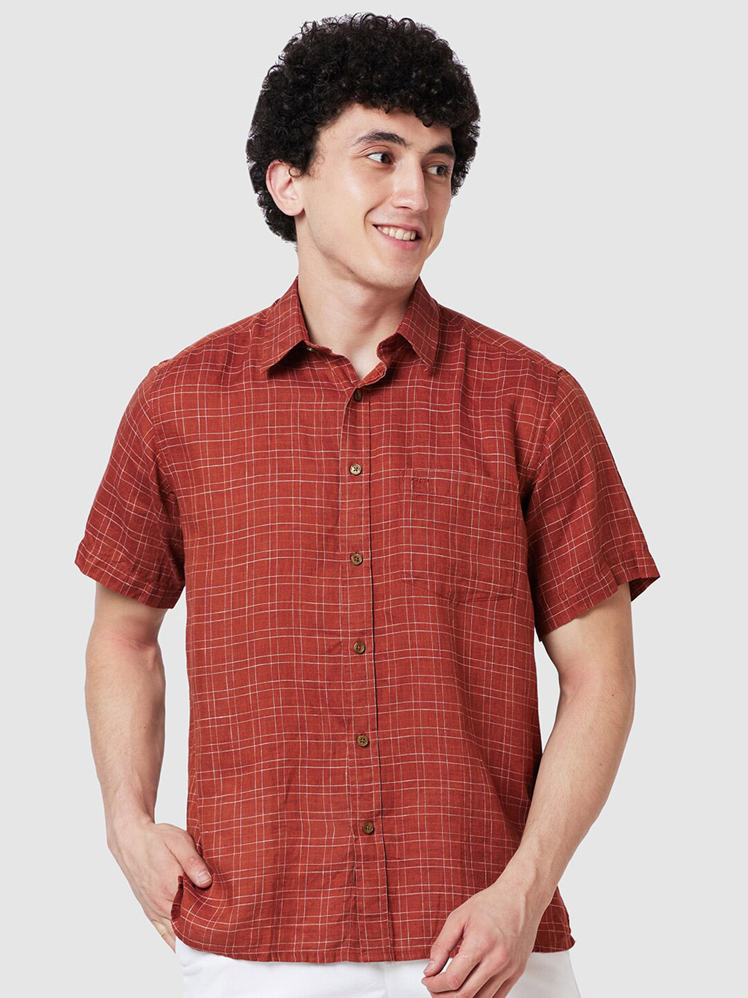 

ColorPlus Spread Collar Opaque Checked Linen Casual Shirt, Brown