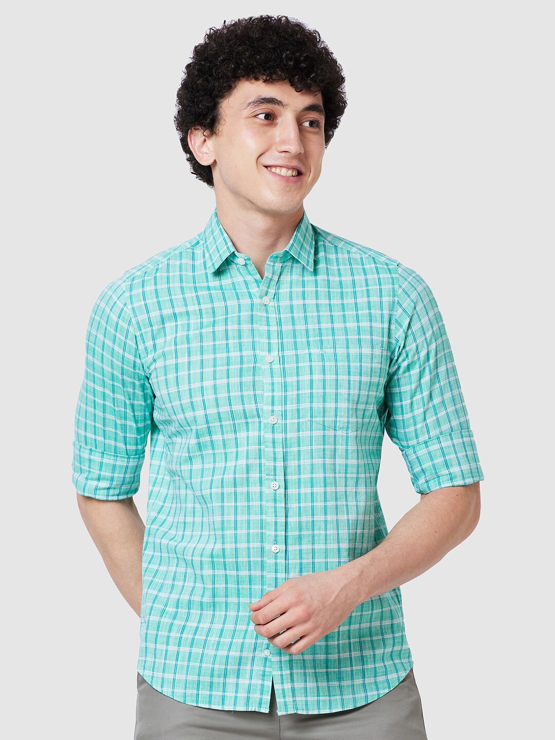 

ColorPlus Checked Cotton Opaque Formal Shirt, Green