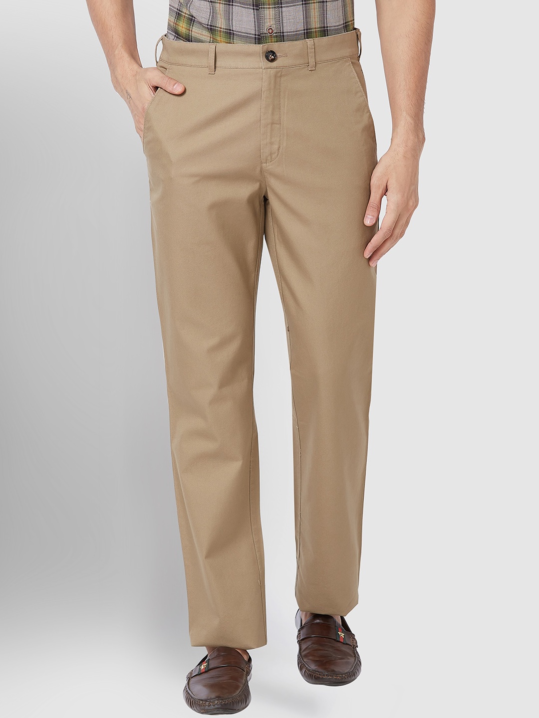 

ColorPlus Men Cotton Plain Flat-Front Trousers, Brown