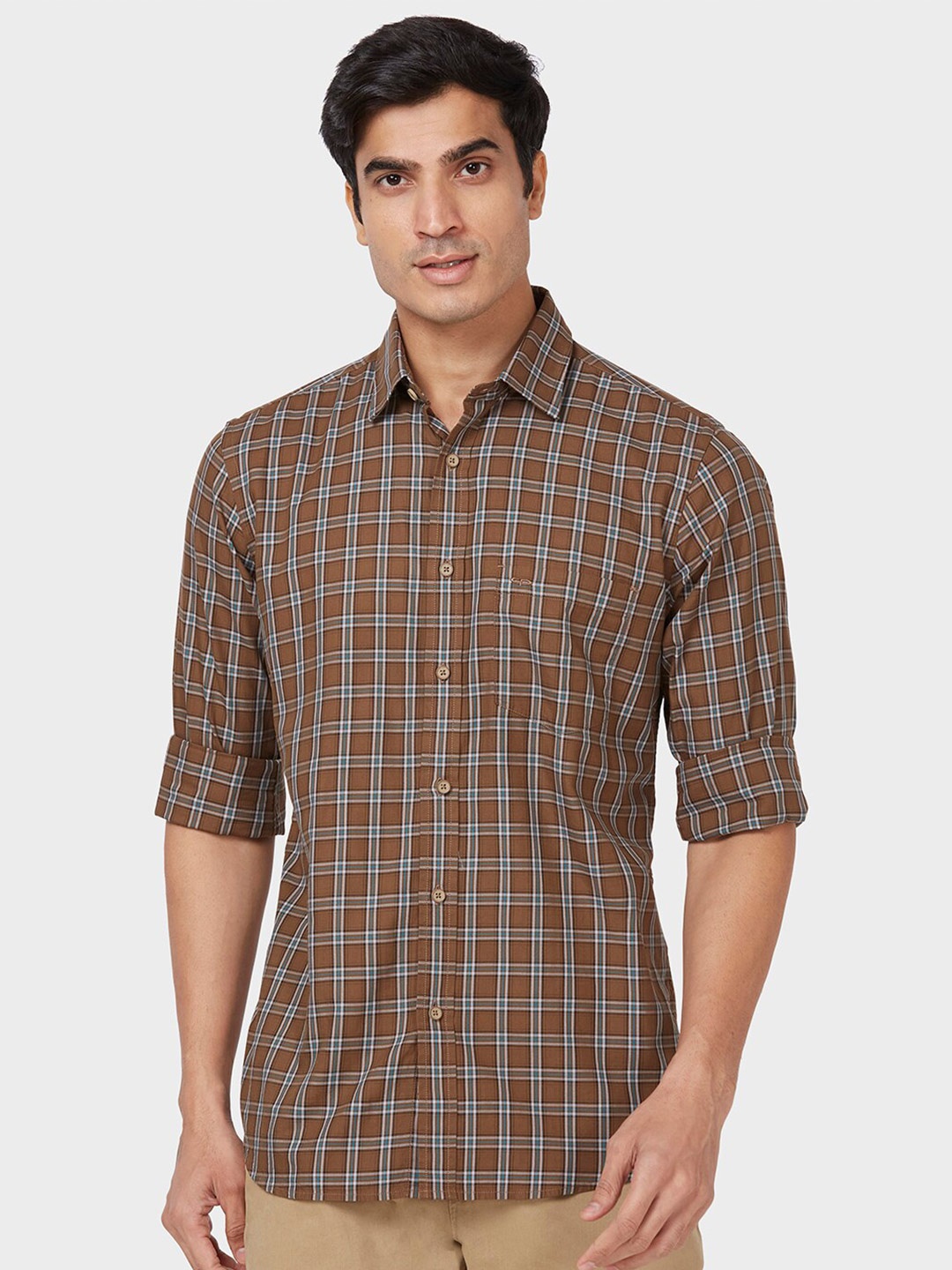 

ColorPlus Tailored Fit Tartan Checked Cotton Casual Shirt, Brown