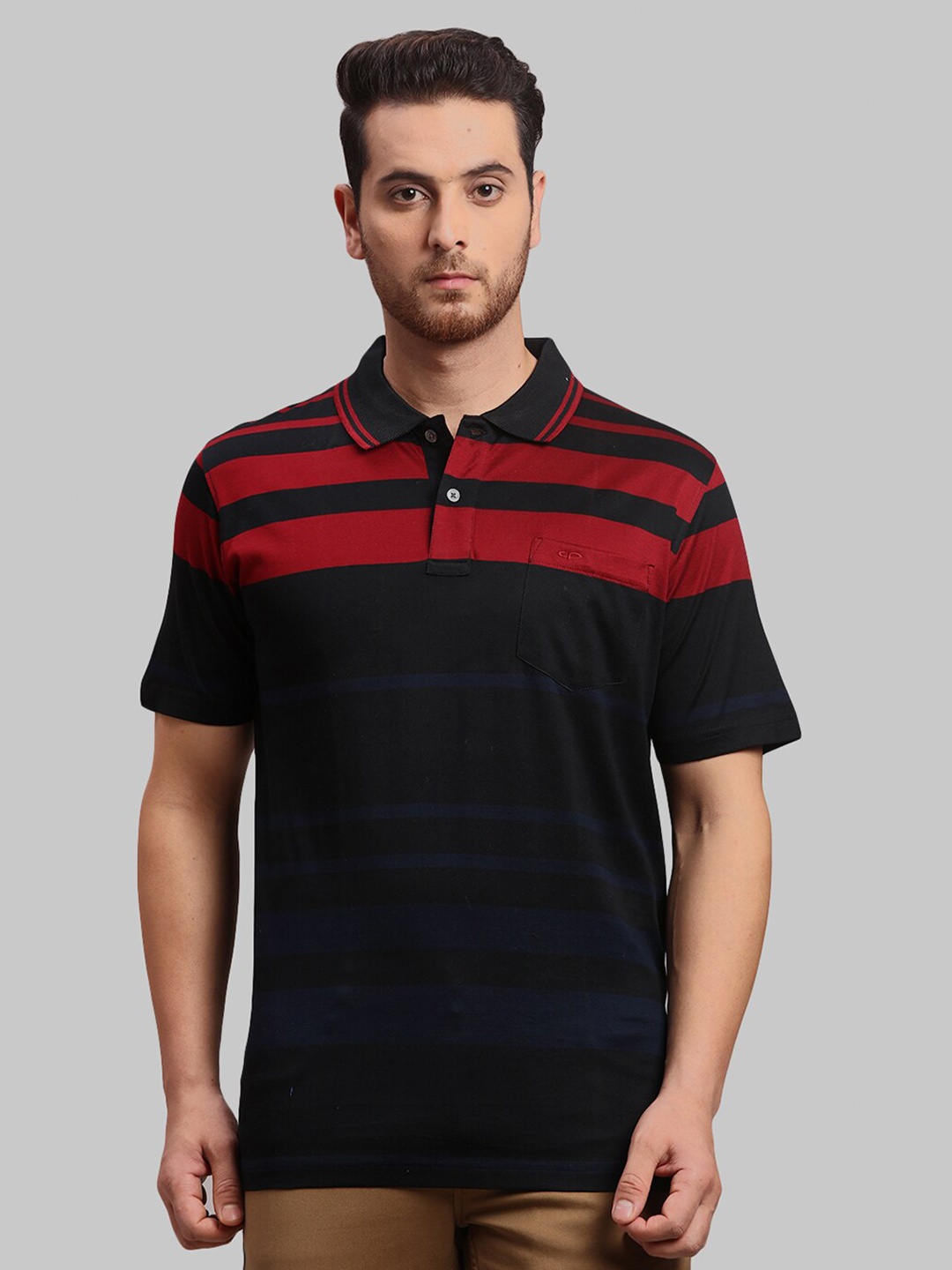 

ColorPlus Horizontal Striped Polo Collar Cotton T-Shirt, Black
