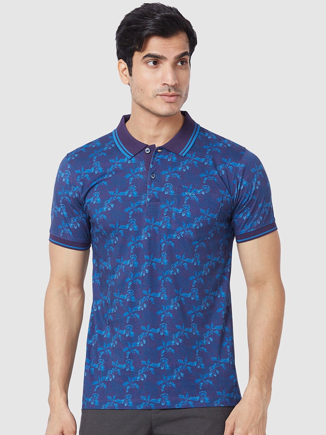 

ColorPlus Tailored Fit Floral Printed Cotton Polo Collar T-shirt, Blue