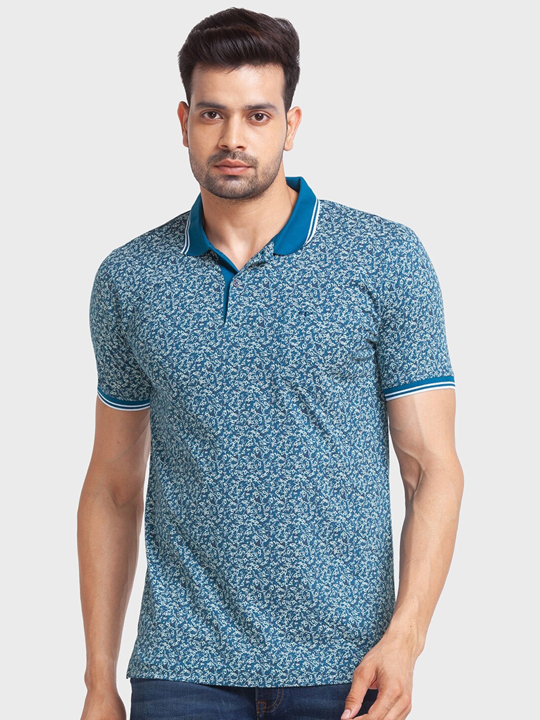 

ColorPlus Floral Printed Polo Collar Cotton T-shirt, Blue