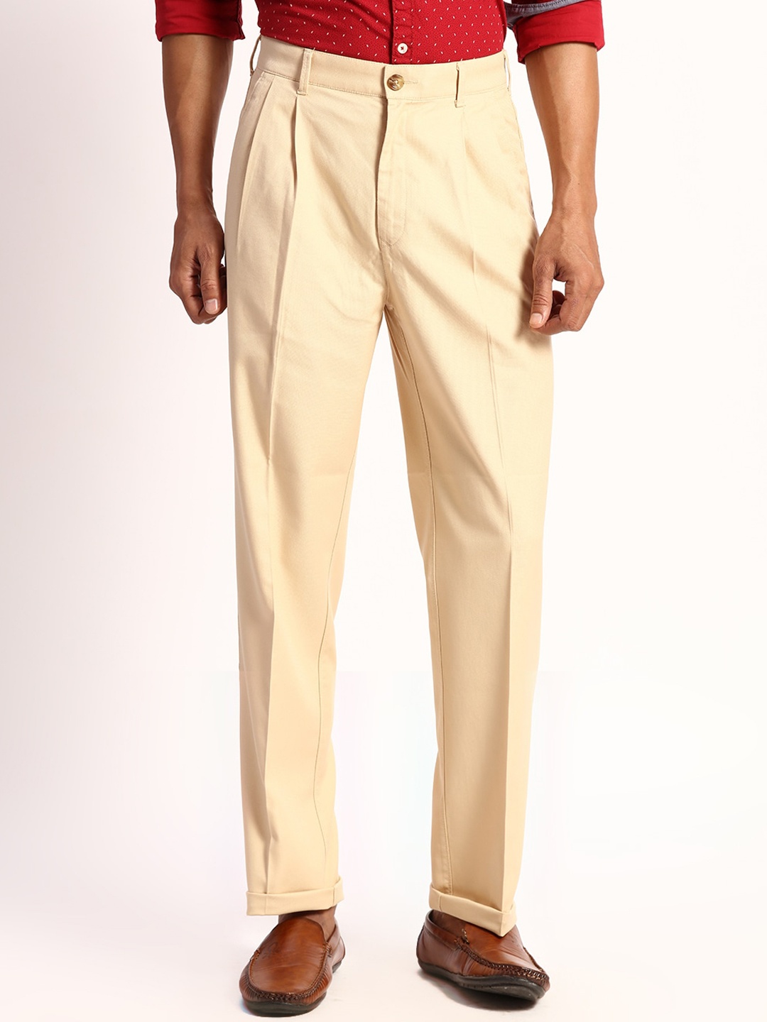 

ColorPlus Men Cotton Plain Pleated Formal Trousers, Beige