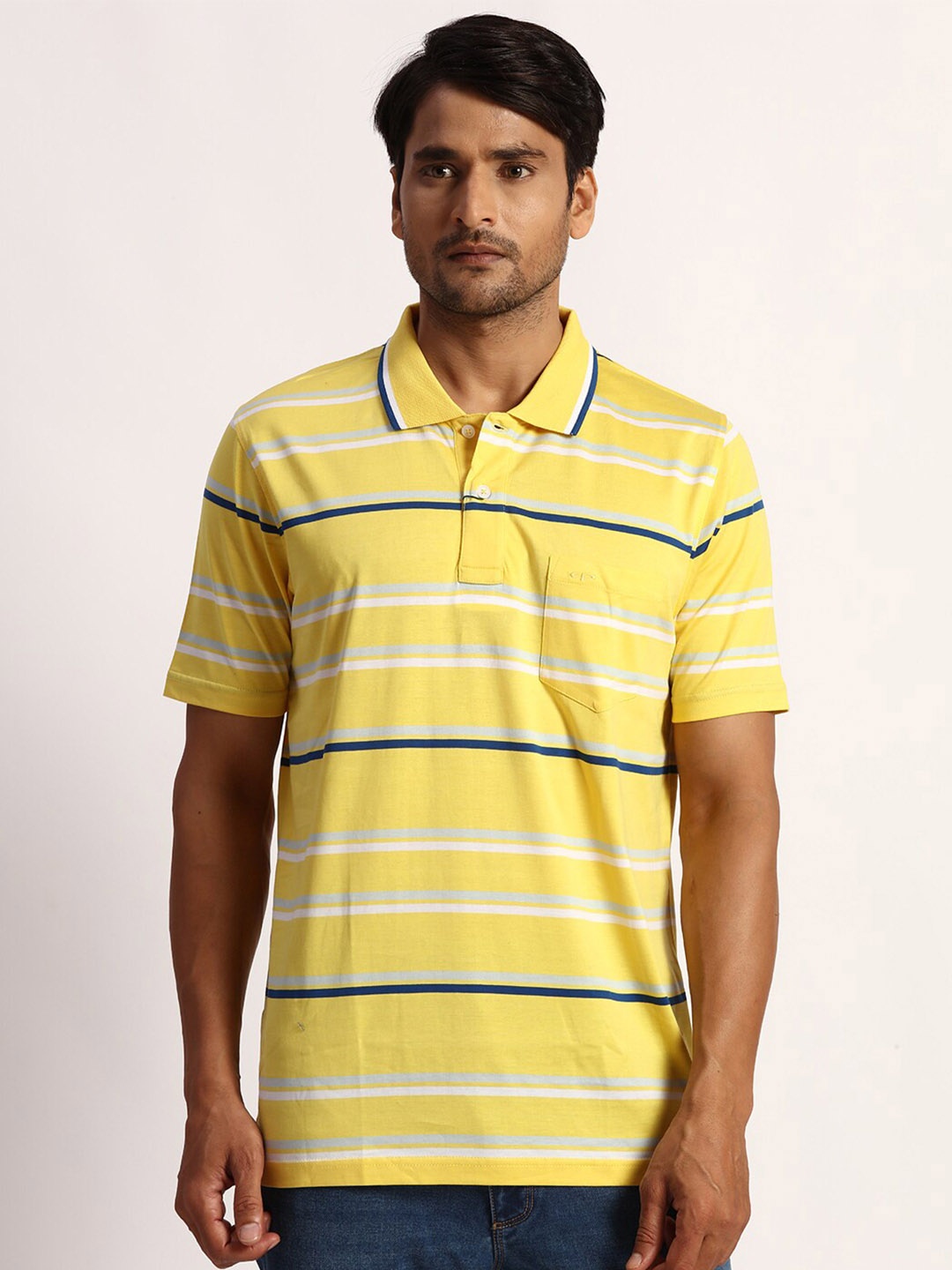 

ColorPlus Striped Polo Collar Pockets Cotton Casual T-shirt, Yellow