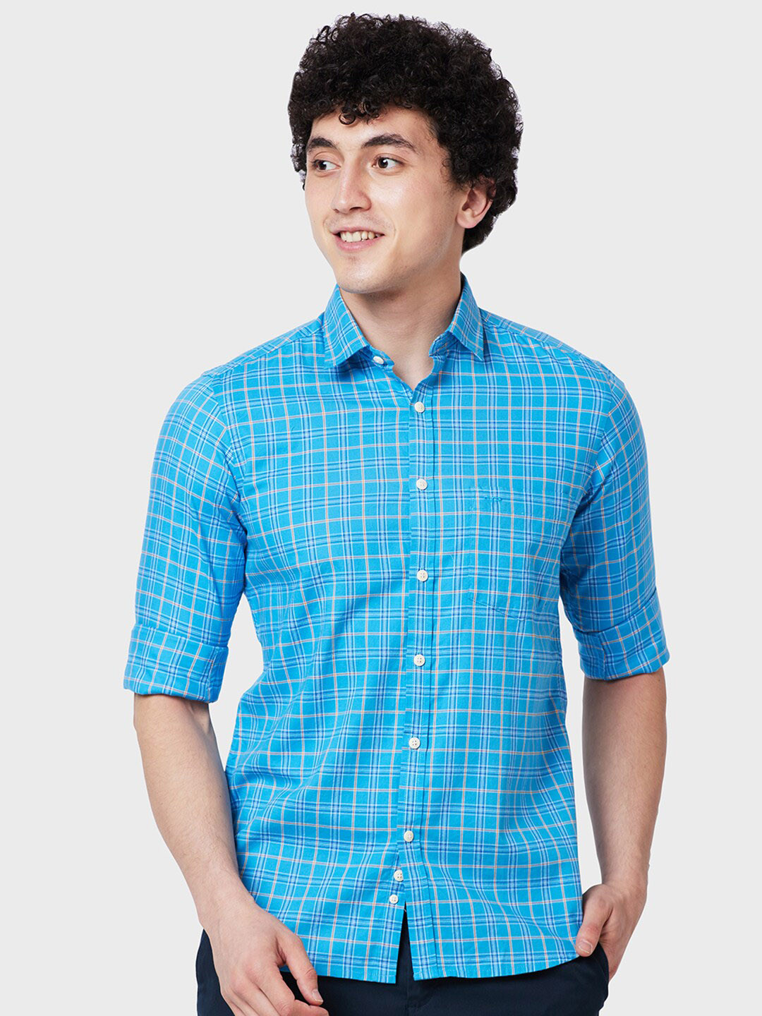 

ColorPlus Tailored Fit Grid Tattersall Checked Cotton Casual Shirt, Blue