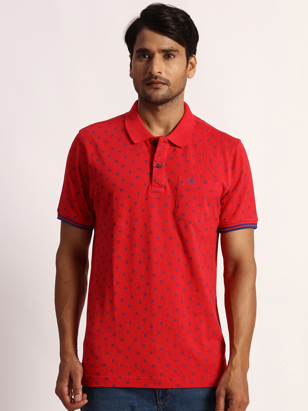 

ColorPlus Geometric Printed Polo Collar Pockets Cotton Casual T-shirt, Red