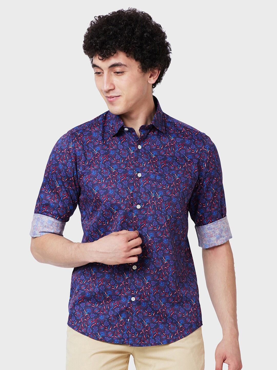 

ColorPlus Tailored Fit Floral Printed Cotton Casual Shirt, Blue