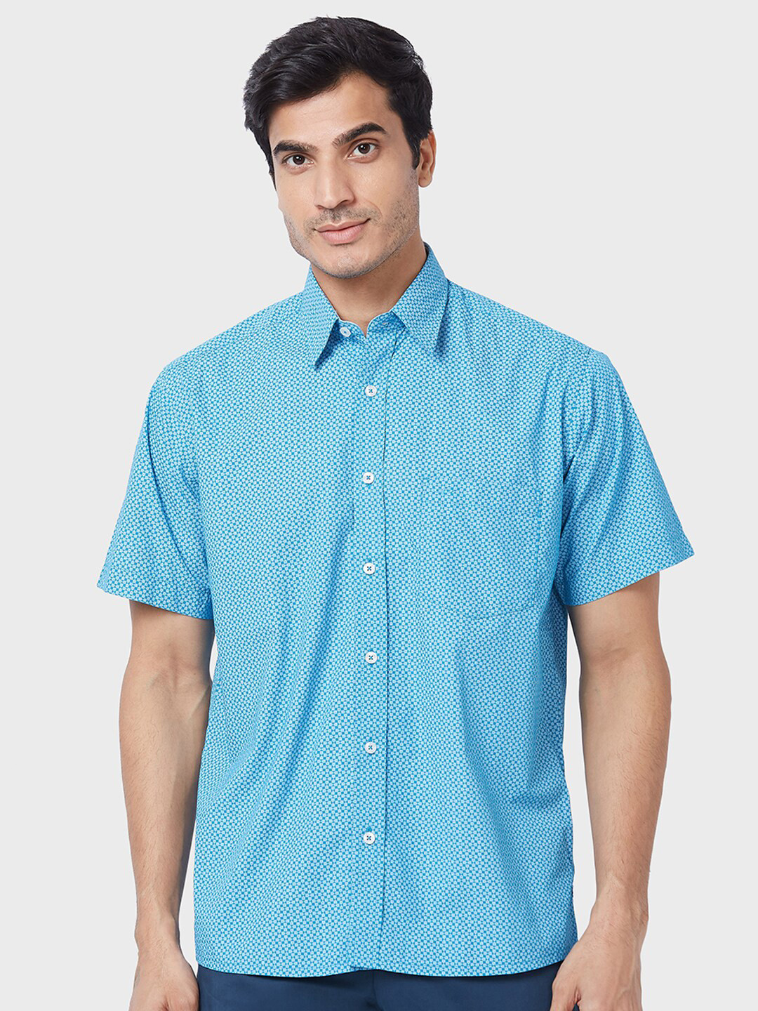

ColorPlus Micro Ditsy Printed Spread Collar Cotton Casual Shirt, Blue
