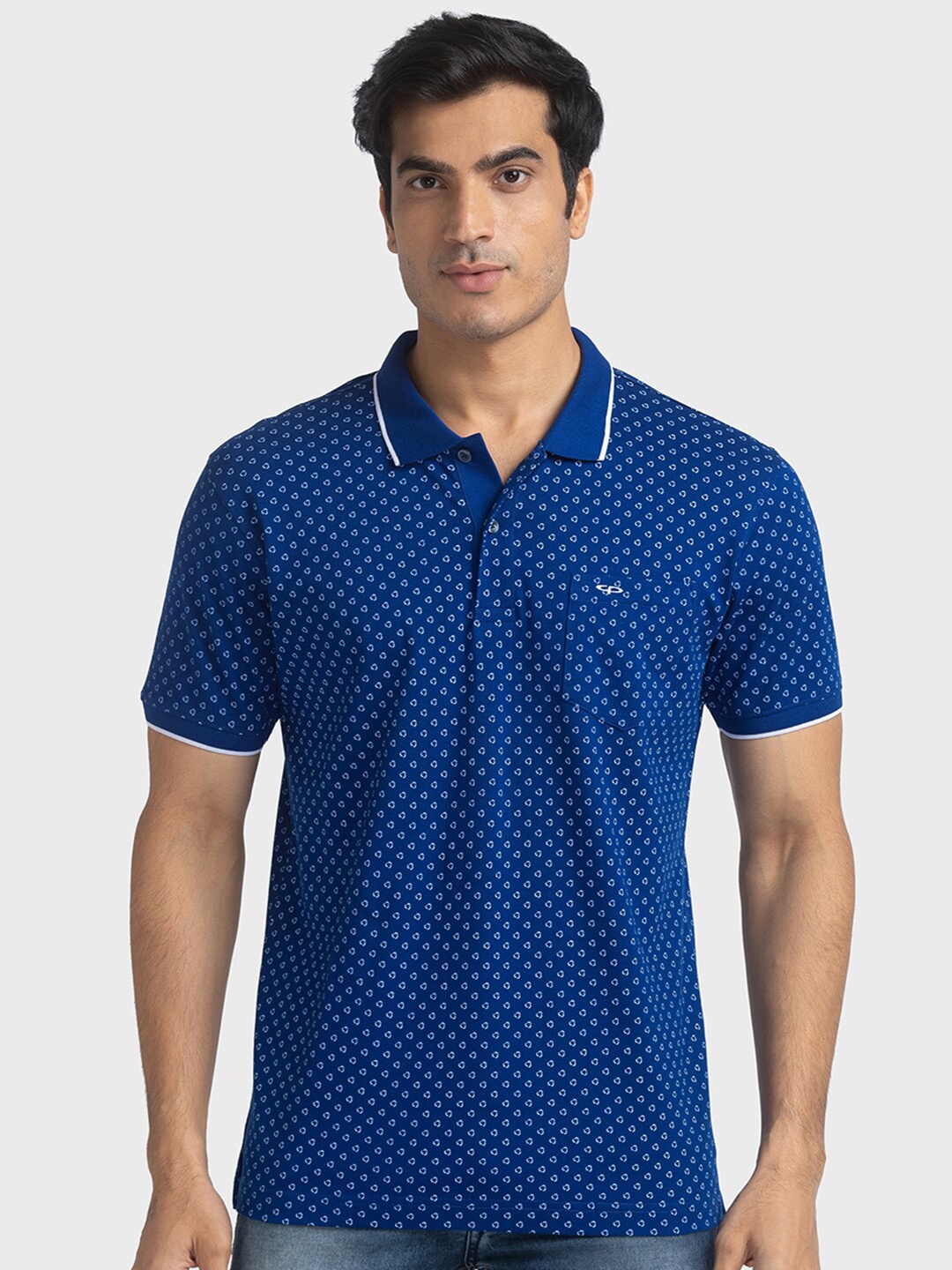 

ColorPlus Geometric Printed Polo Collar Pockets Cotton Casual T-shirt, Blue