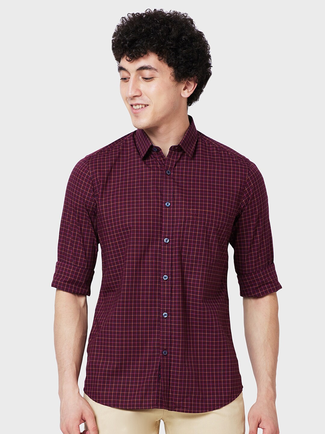 

ColorPlus Tailored Fit Grid Tattersall Checked Cotton Casual Shirt, Maroon