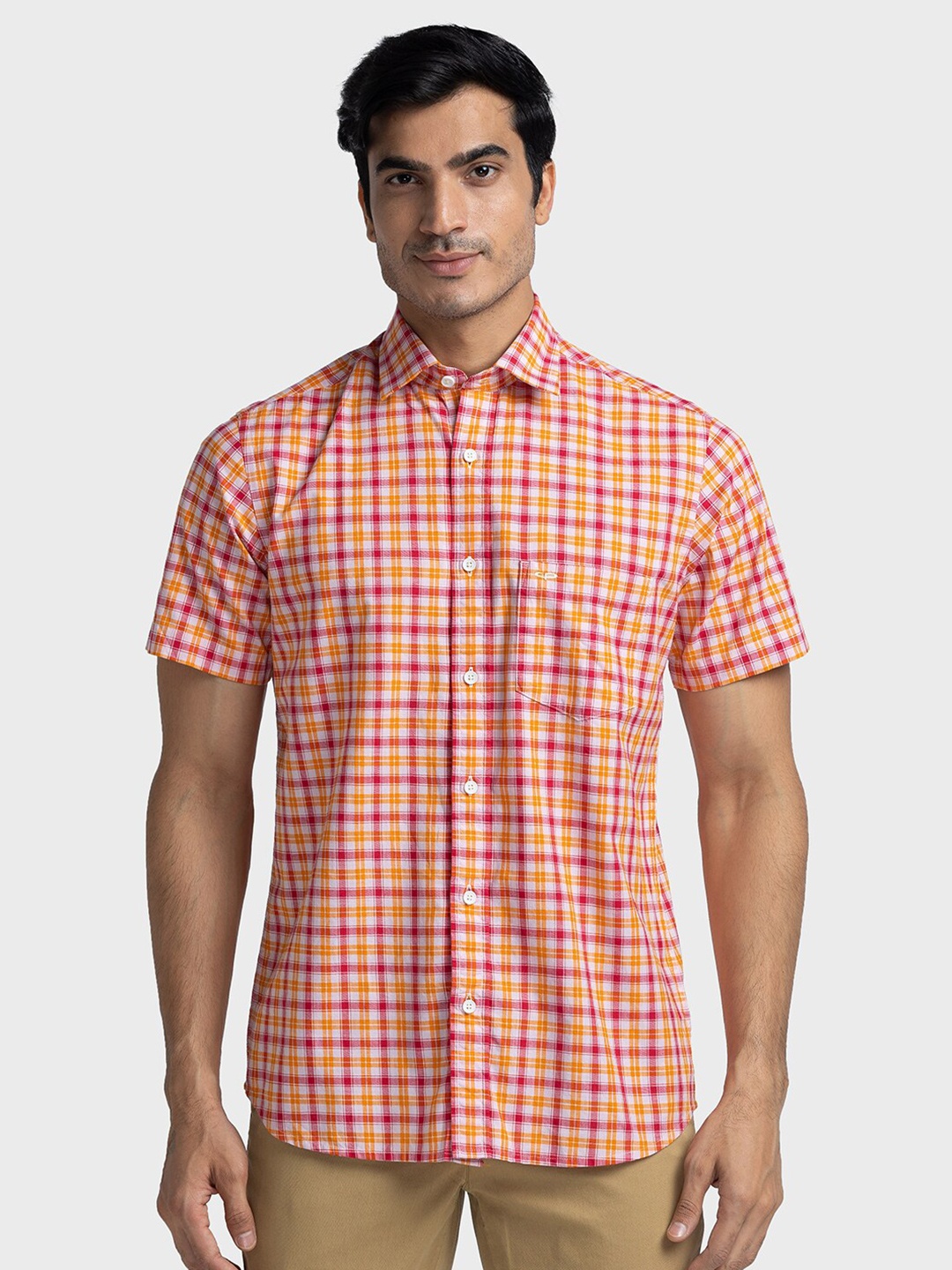 

ColorPlus Other Checks Tailored Fit Cotton Casual Shirt, Orange