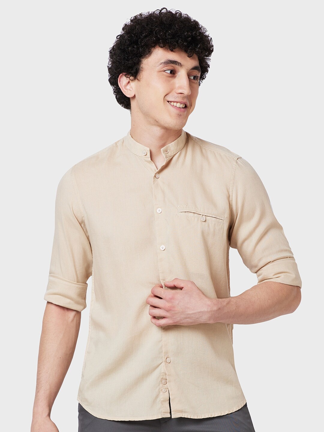 

ColorPlus Brand Collar Tailored Fit Linen Casual Shirt, Beige