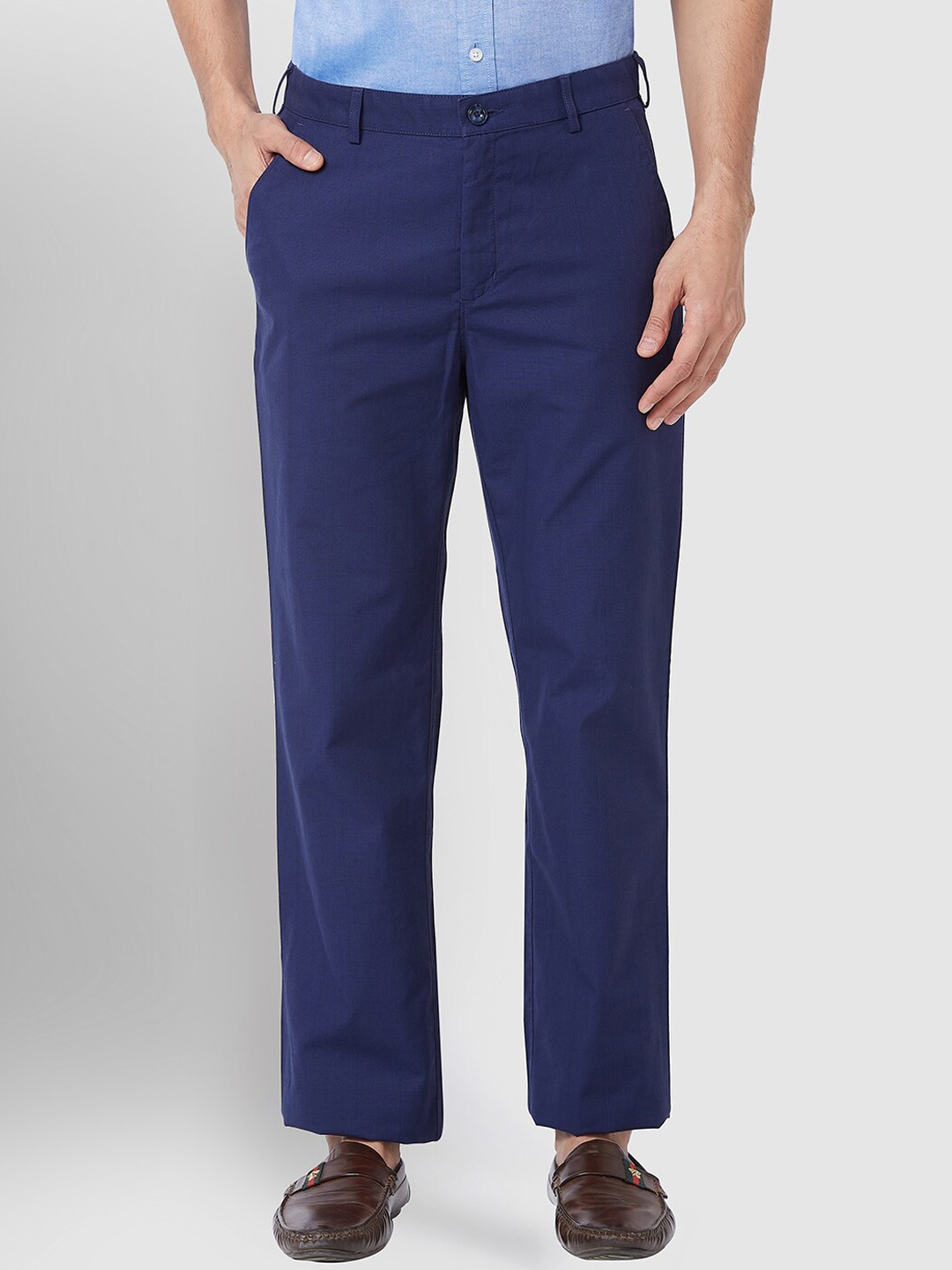 

ColorPlus Men Mid Rise Plain Tailored Fit Cotton Regular Trousers, Navy blue