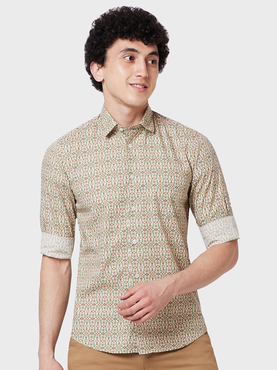 

ColorPlus Tailored Fit Opaque Printed Cotton Casual Shirt, Beige