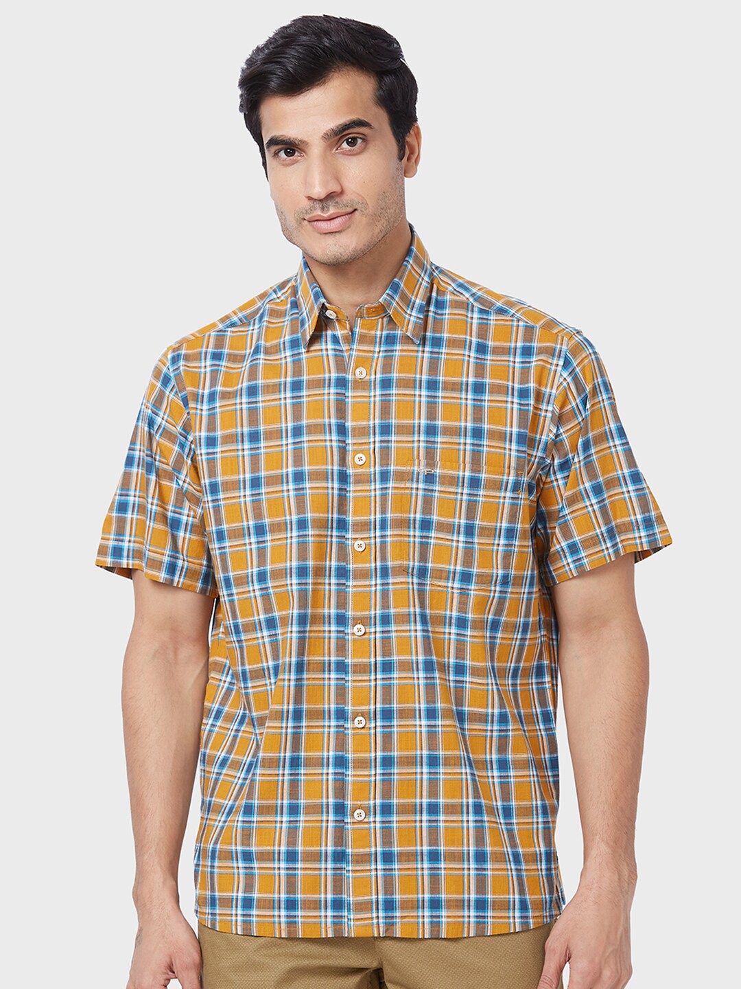 

ColorPlus Classic Fit Tartan Checked Cotton Casual Shirt, Yellow
