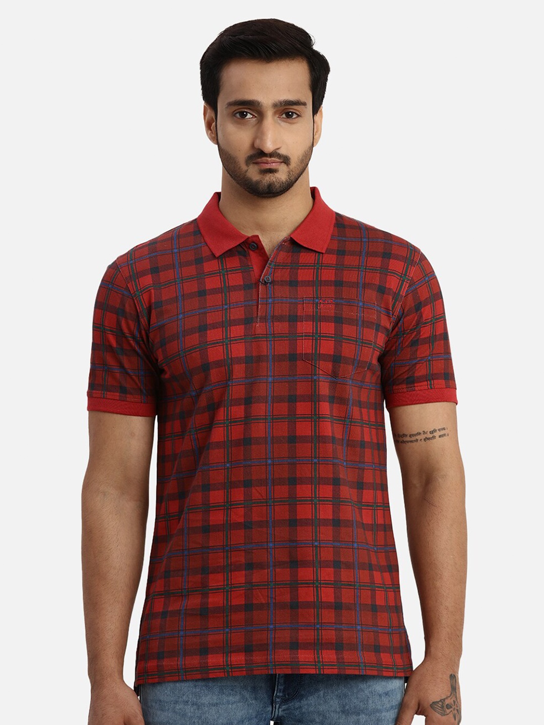 

ColorPlus Checked Polo Collar Regular Fit Cotton Casual T-shirt, Red