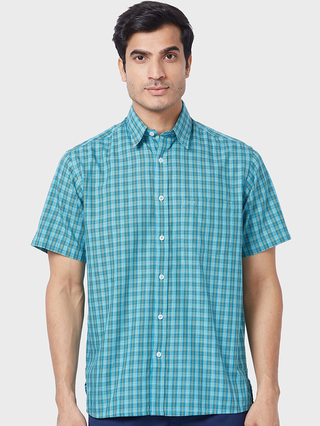 

ColorPlus Checked Spread Collar Cotton Casual Shirt, Blue