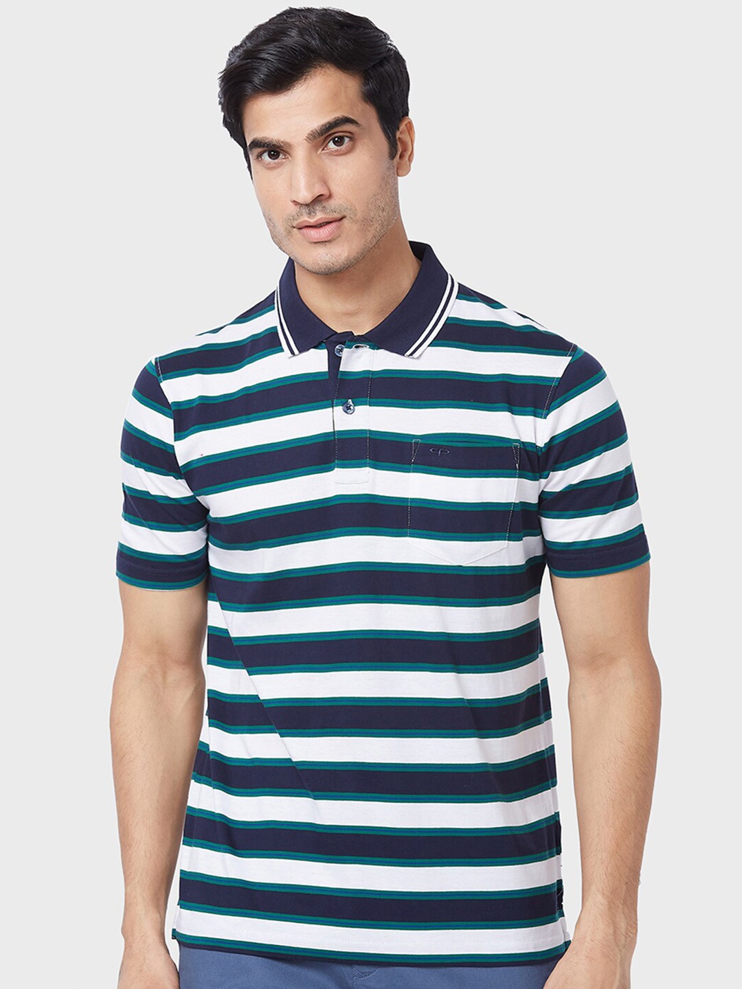 

ColorPlus Striped Polo Collar Regular Fit Cotton Casual T-shirt, Blue