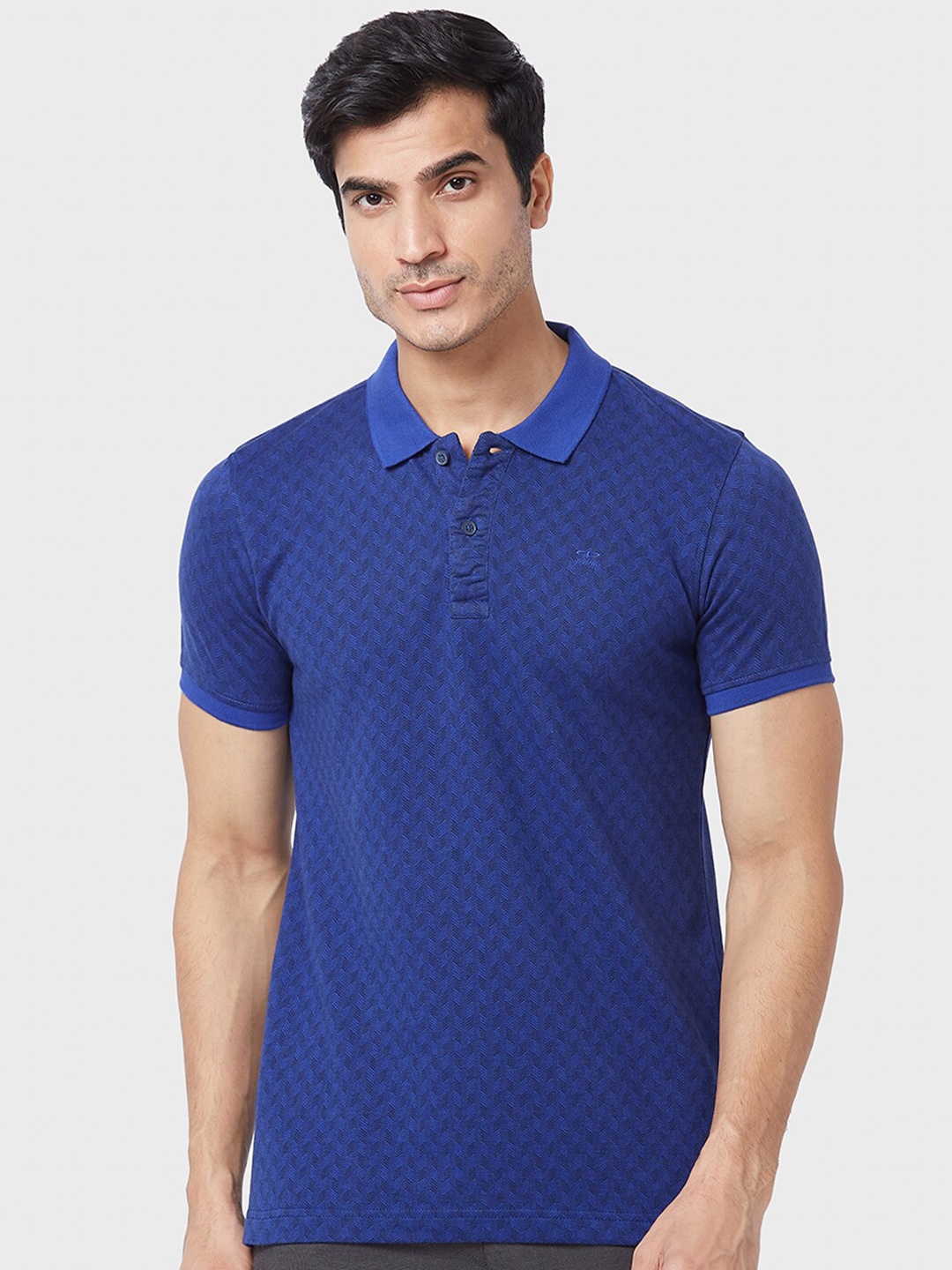 

ColorPlus Self Design Polo Collar Regular Fit Cotton Casual T-shirt, Blue