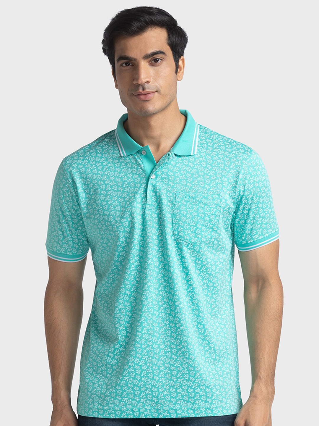 

ColorPlus Floral Printed Polo Collar Pockets Cotton Casual T-shirt, Green