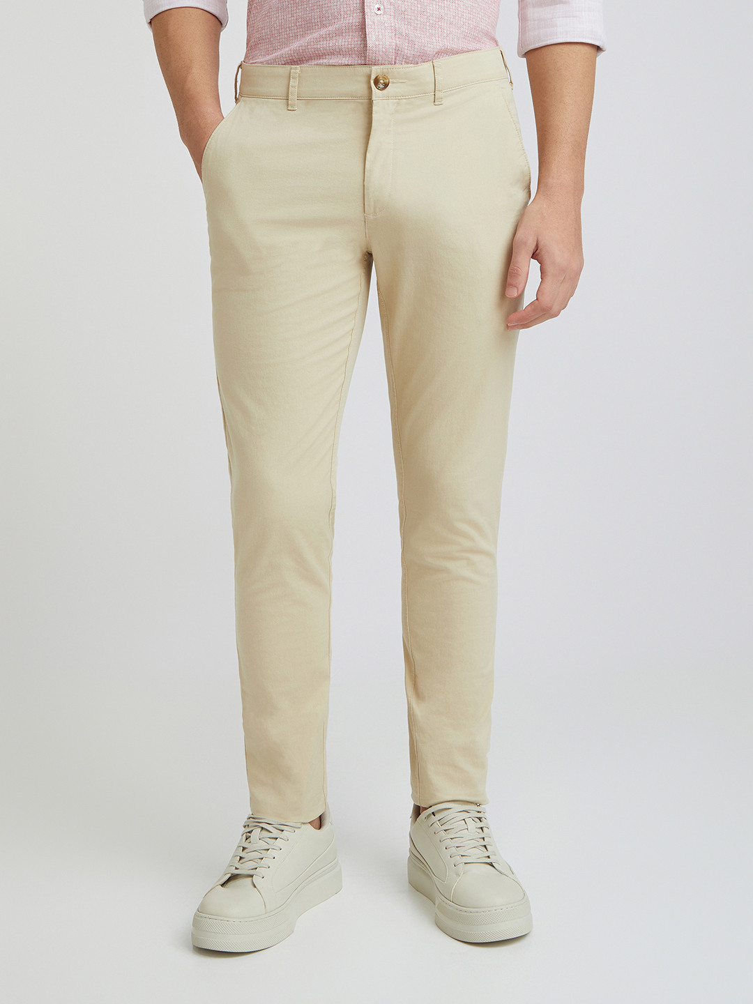 

ColorPlus Men Mid Rise Slim Fit Cotton Formal Trousers, Cream