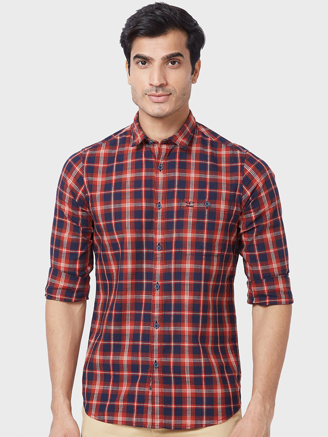 

ColorPlus Slim Fit Tartan Checked Opaque Cotton Casual Shirt, Red