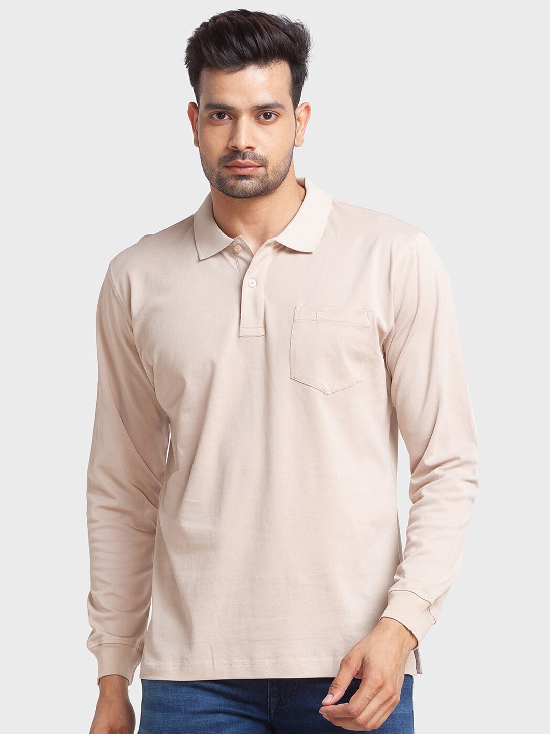 

ColorPlus Long Sleeve Polo Collar Cotton T-shirt, Beige