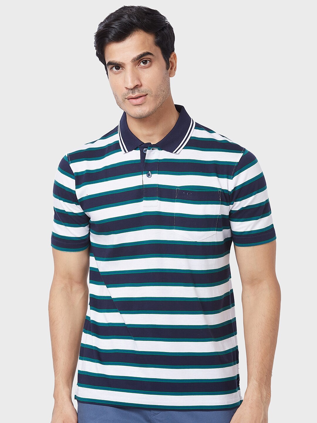 

ColorPlus Striped Cotton Polo Collar Pockets T-shirt, Blue